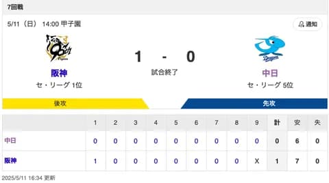 【試合結果】中日 0-1 阪神 田中マルチ安打 松葉5回1失点
