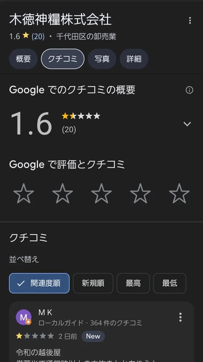 【悲報】国内最大手コメ卸業者さん、Googleの低評価レビューを順次削除してしまう……
