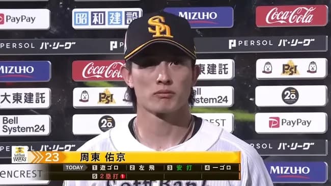 SB周東佑京 .330 1本 15打点 8盗塁 OPS.837