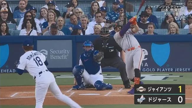 ドジャース・山本由伸、初回にジャイアンツ・アダメスにホームランを打たれ先制点を許す…