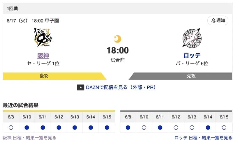 【虎実況】[6月17日] 阪神 vs ロッテ 1回戦（甲子園）18:00～