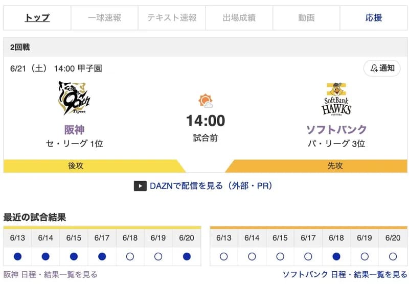 【虎実況】[6月21日] 阪神 vs ソフトバンク 2回戦（甲子園）14:00～