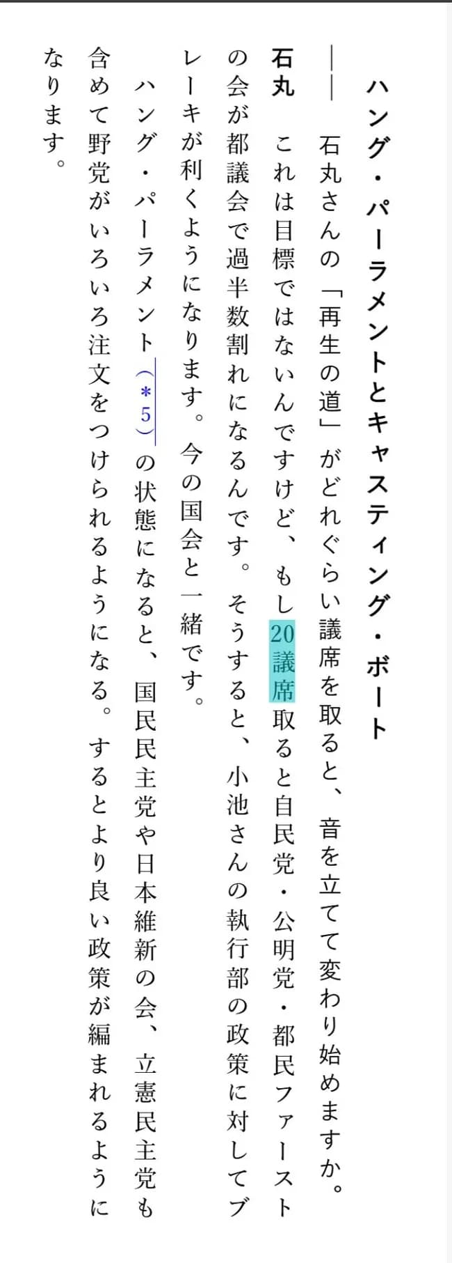石丸（選挙前）「20議席くらい取れれば存在感あるかなーって感じです。」