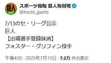 巨人・グリフィンが登録抹消