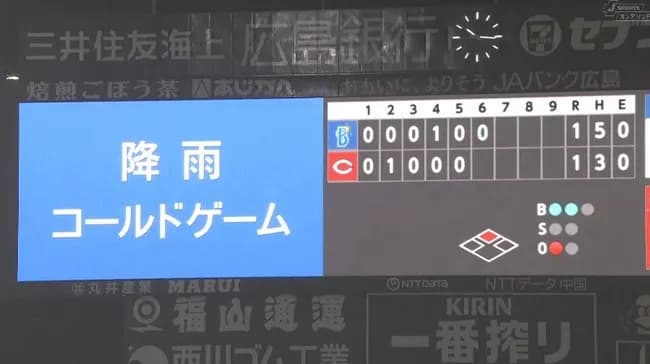 【広島対DeNA14回戦】広島対DeNAは合計3度・2時間20分の中断で5回雨天コールドによる引き分け