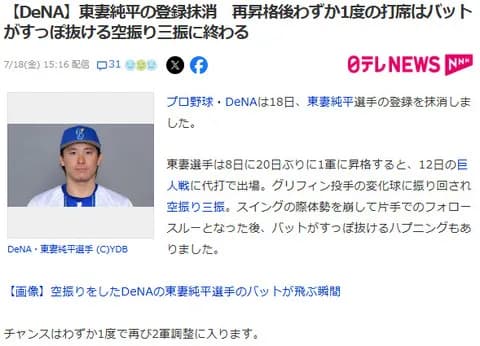 【公示】DeNA東妻純平が登録抹消