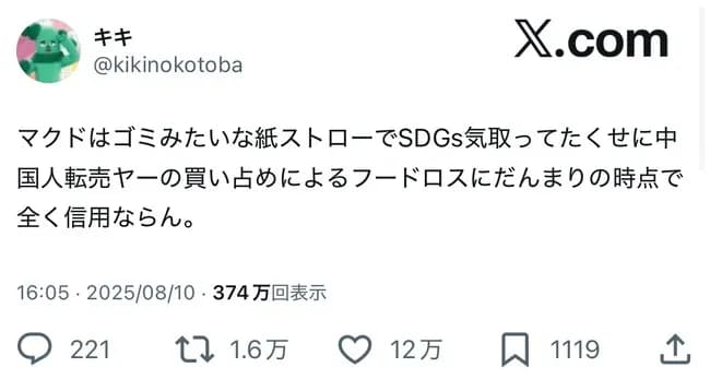 【悲報】マクドナルドさん、ハッピーセットついでの紙ストローを叩かれてしまう