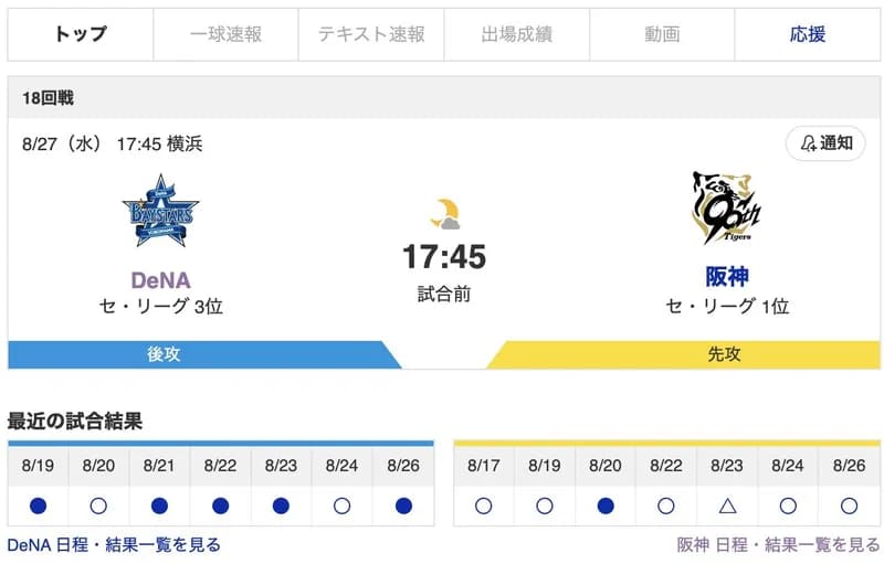 【虎実況】[8月27日] 阪神 vs DeNA（横浜）18回戦　17:45～