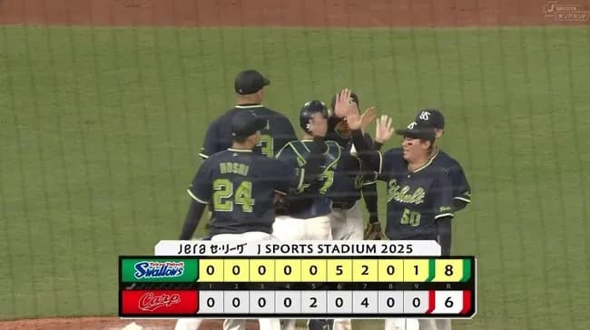 【広島対ヤクルト20回戦】ヤクルトが８－６で広島に逆転勝利！６回２死から守乱につけこみ一挙５得点！内山同点打！北村恵追加打！アビラ７回途中５失点６勝目！