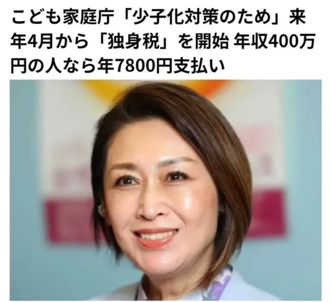 【悲報】こども家庭庁が来年から導入した独身税、年収400万だと年間7800円とのこと
