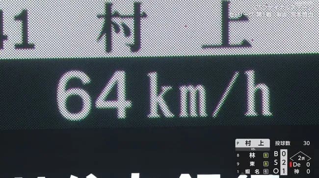 阪神村上、64キロのスローボールで死球