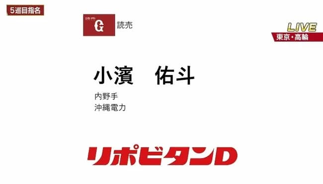 巨人、ドラフト5位で沖縄電力・小濱佑斗内野手、ドラフト6位で浦和学院高・藤井健翔内野手を指名
