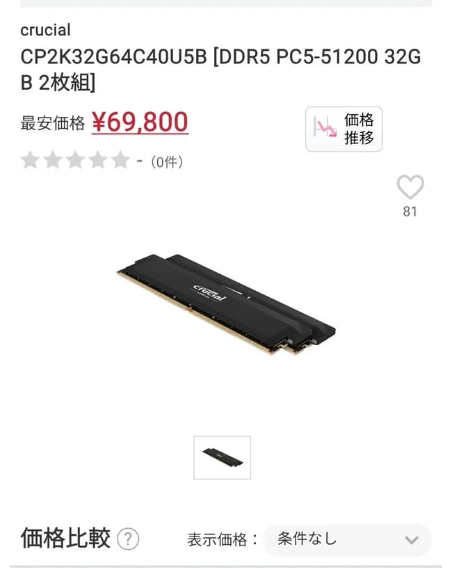 【悲報】メモリの価格、また上がってしまう😭