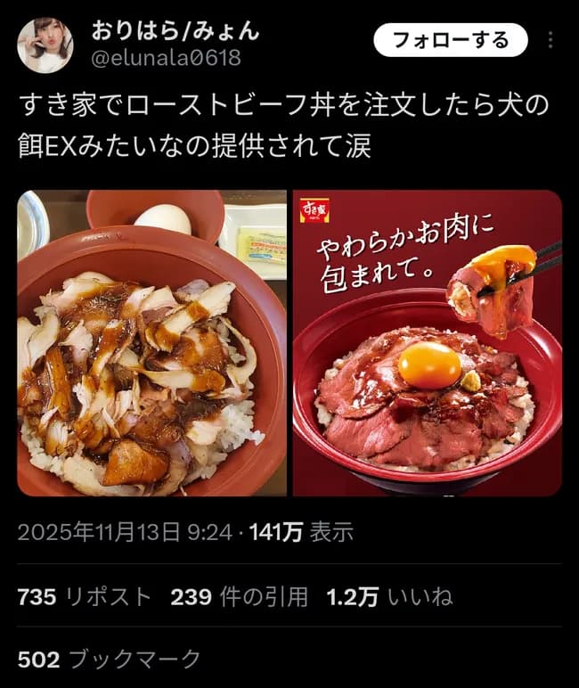 【画像】Twitter民「すき家で新作注文したらこんなの出てきた😭」