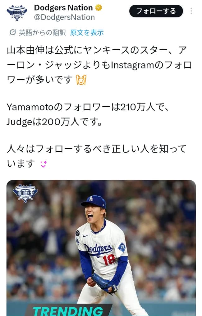 【速報】山本由伸のフォロワー数、ジャッジを越える