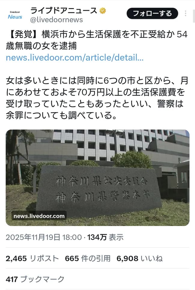 【悲報】同時に6つの市から生活保護を受け取っていた無職女、逮捕される