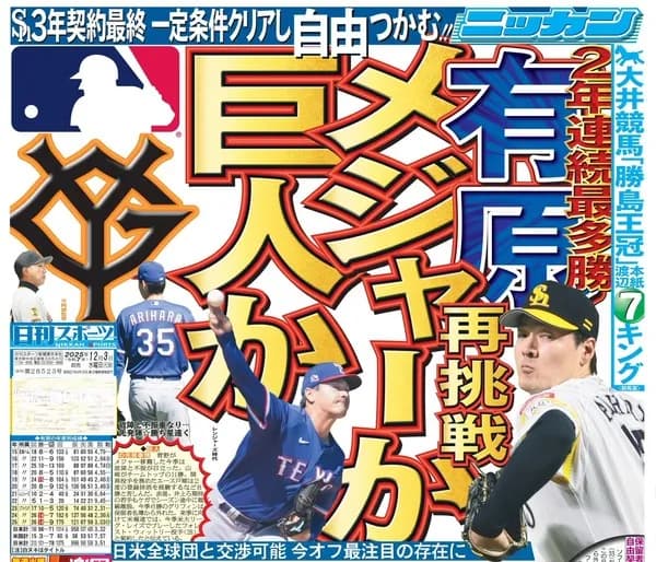 ソフトバンク有原、MLBか巨人の二択に決断か