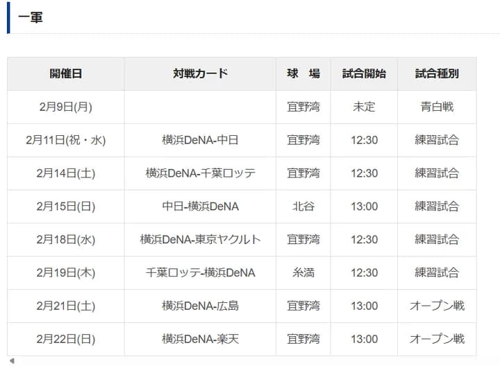 DeNA、2026年度の練習試合・オープン戦・蒼白戦の日程を発表！　初実戦は2月9日