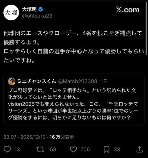 元ロッテ大塚明「他球団の主力を補強するよりロッテらしく生え抜き中心で優勝して欲しい」