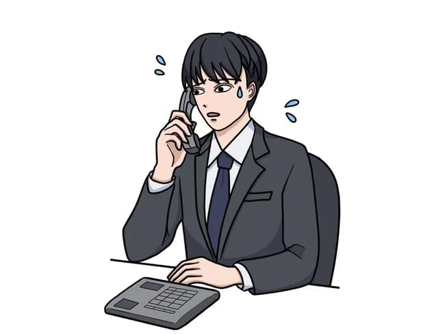 電話ワイ「ﾊｲｯ、ﾊｲｯ、かしこまりました、ﾊｲｯ失礼します…何　も　覚　え　て　い　な　い」ｶﾞﾁｬ