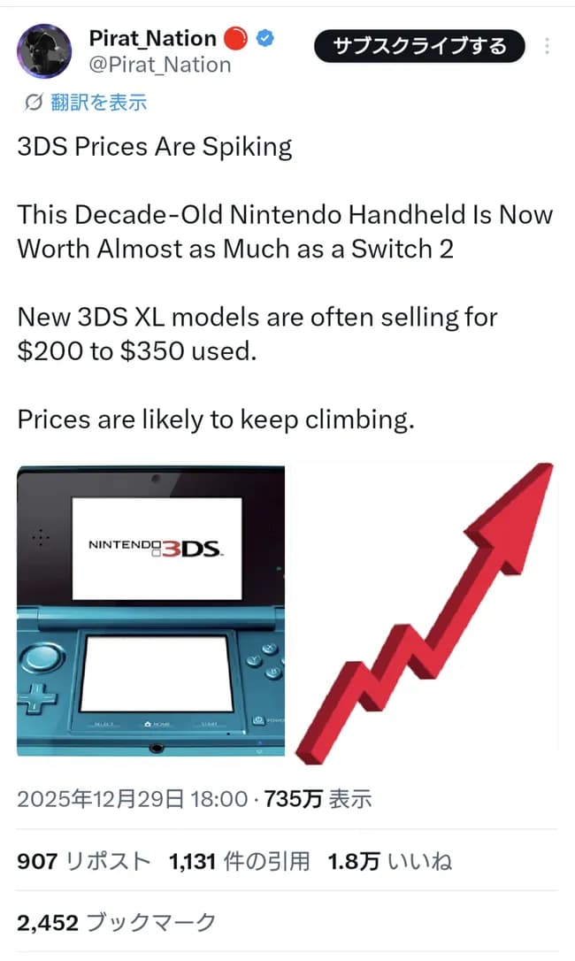 【悲報】ニンテンドー3DS、滅茶苦茶高騰する