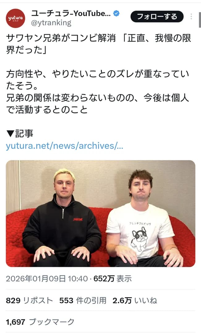 【悲報】サワヤン兄弟がコンビ解消 「正直、我慢の限界だった」