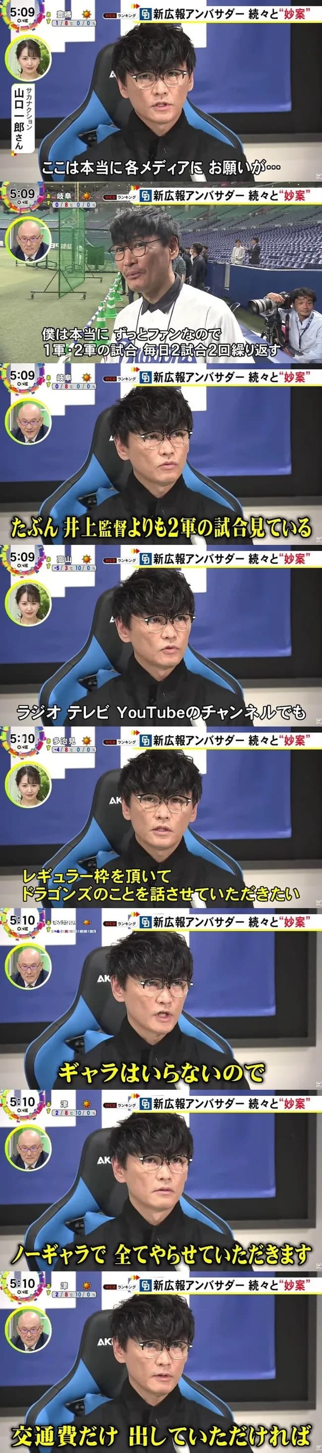 山口一郎チュニドラアンバサダー「中日関係ならノーギャラで出るんで呼んでや！」←結果