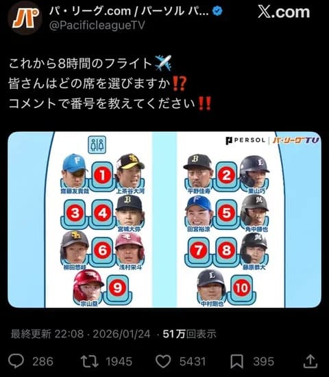 画像　パリーグTV「これから8時間のフライト、どの席を選ぶ？」
