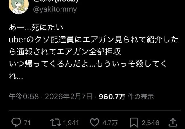 Uber「Uberでーす。うわ！こいつの部屋銃まみれやんけ通報！」部屋主「エアガンやが」警察「押収する」