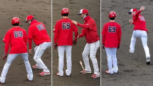 カープ辰見に赤松コーチが盗塁＆走塁を熱血指導！日南キャンプで師弟関係誕生