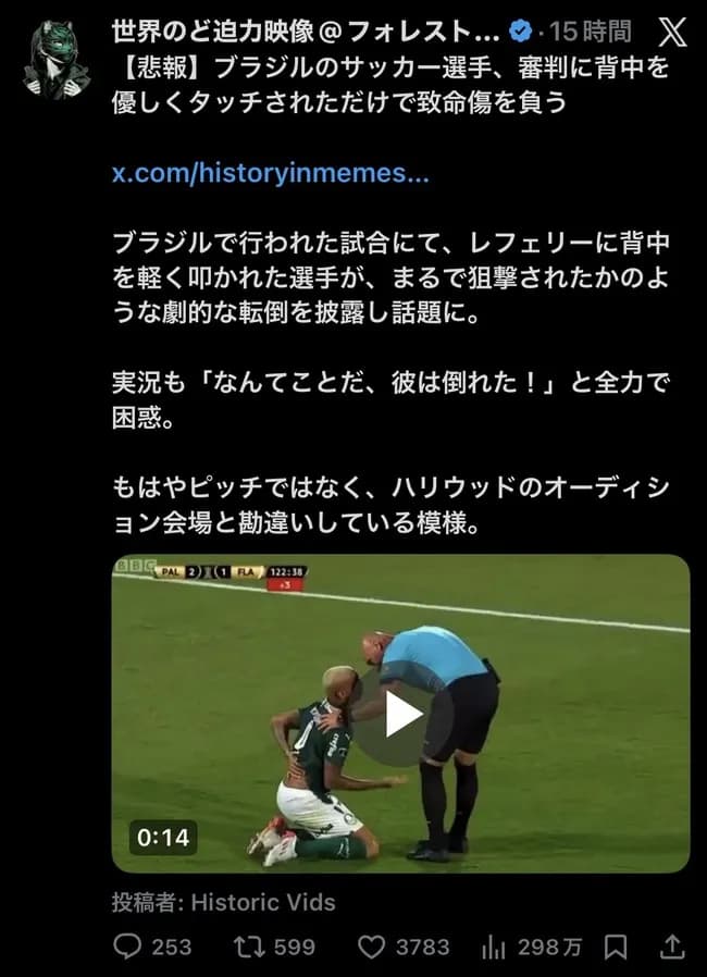 【悲報】サッカー選手、審判に背中を優しくタッチされただけで致命傷を負うwwwwww