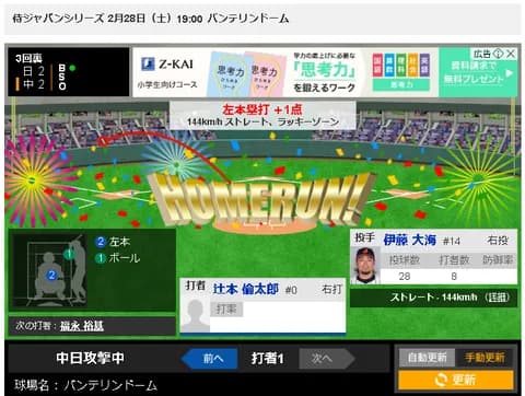 【朗報】中日 初テラス弾は辻本倫太郎ｗｗｗ【2/28 壮行試合3回裏 D2-2侍】