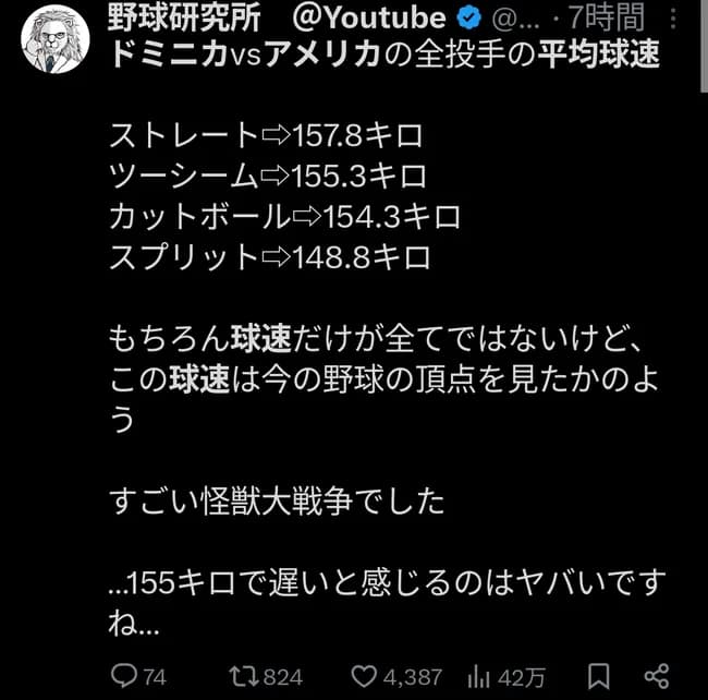 【悲報】ドミニカvsアメリカの全投手のストレート平均球速、157.8キロｗｗｗｗｗｗｗｗｗｗｗ