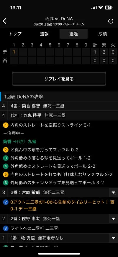 筒香、空振りして治療中からの交代