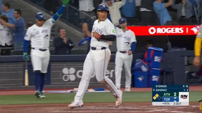 【朗報】ブルージェイズ岡本さん、うっかり9回2アウトから2安打目で出塁しサヨナラ勝ちのランナーに