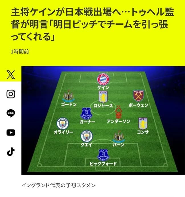 【朗報】サッカーイングランド代表、とんでもないメンバーで日本代表に襲い掛かる