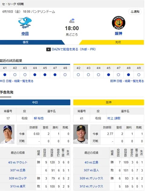 【ドラゴンズ実況】4/10 中日vs阪神（バンテリンD）18:00～先発：柳裕也 【中継:NHK　Jスポ2 DAZN他】