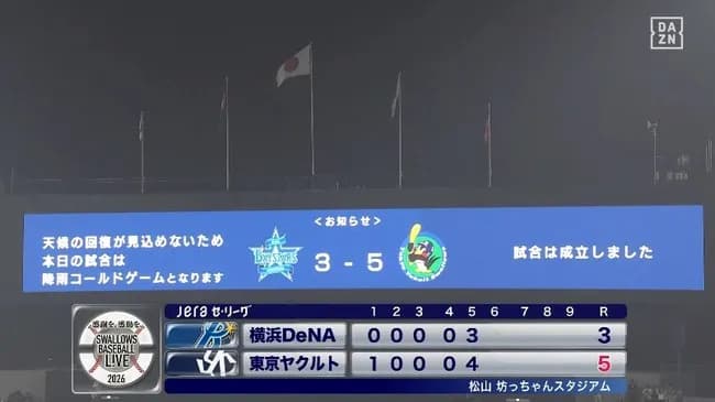 【ヤクルト対DeNA4回戦】ヤクルト逆転し降雨コールドで勝利　池山監督ゆかりの愛媛・松山で３連勝決める