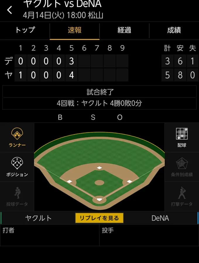 ベイスターズ 3ー5 スワローズ　5回降雨コールド