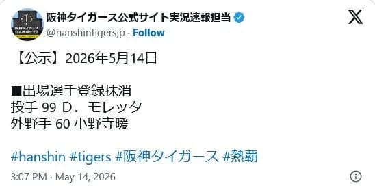 【モレッタ小野寺抹消】阪神ファン集合【大竹中5】