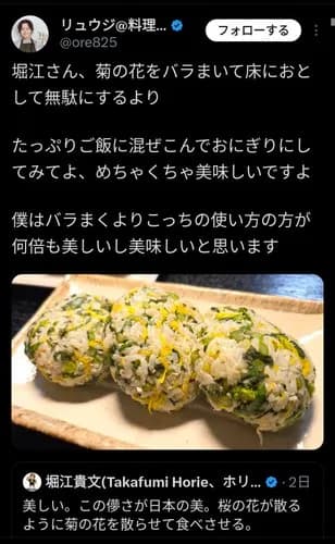 【悲報】リュウジさん「食用菊はばら撒くよりおにぎりにした方が良い」→ホリエモンさん発狂へｗｗｗｗｗｗｗｗｗｗ