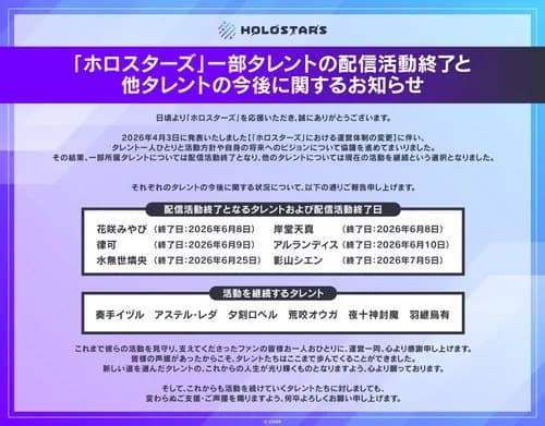 【悲報】ホロスターズさん、半数が配信活動終了してしまう・・・・・・・・・