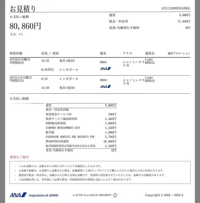 【画像】シンガポール行きの航空券、運賃1万
