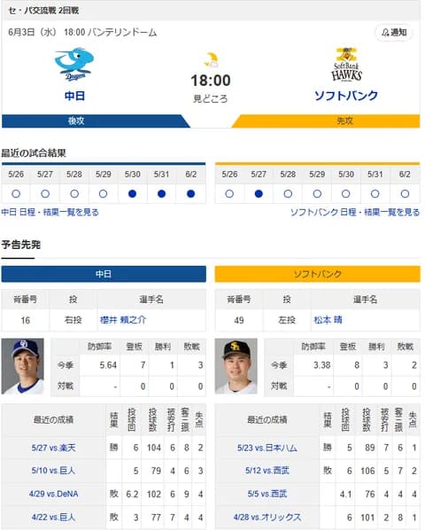 【ドラゴンズ実況】6/3 中日vsソフトバンク 交流戦（バンテリンD）18:00～先発：櫻井【中継:CBC Jスポ2　DAZN他】