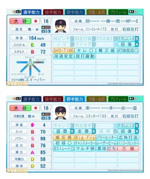 最新版パワプロより大谷翔平の能力値が公開された模様