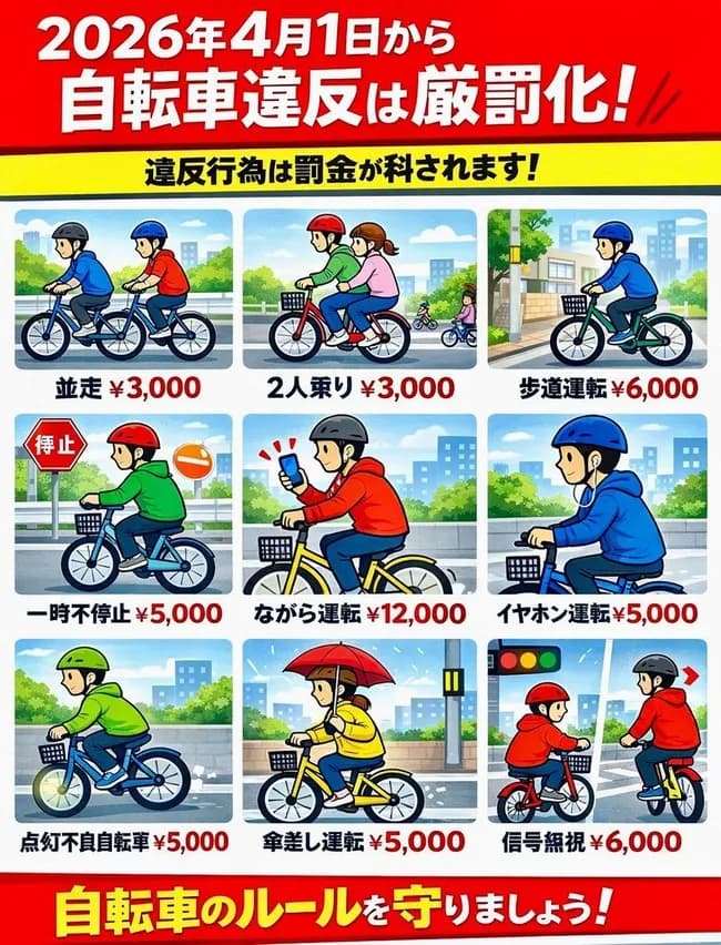 【画像】4月から始まる「自転車の厳罰化」、罰金祭りになりそうWWWWWWWWWWWWWWWW