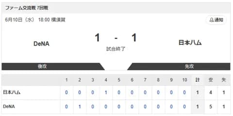 【試合結果】DeNAvs日本ハム2軍 1-1|交流戦7回戦|個人成績|6/10